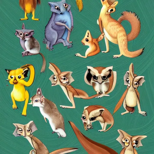 Prompt: A combination of Sugar glider, Tamandua, Gerenuk, Cuttlefish, Gecko, Sand cat, Bee hummingbird, Tree kangaroo, Racoon dog, Pygmy hippopotamus , Leafy sea dragon, Elephant Shrew, Quokka, Margay, Klipspringer, Fennec Fox, Tawny frogmouth, Tarsier, Quetzal, Star-nosed mole