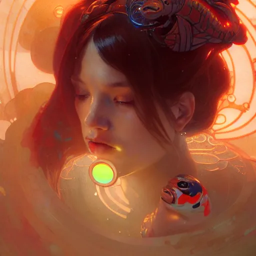 Image similar to Portrait of a lost cyborg girl surrounded by glowing Koi fish, face, fantasy, intricate, elegant, highly detailed, digital painting, artstation, concept art, smooth, sharp focus, illustration, art by Krenz Cushart and Artem Demura and alphonse mucha