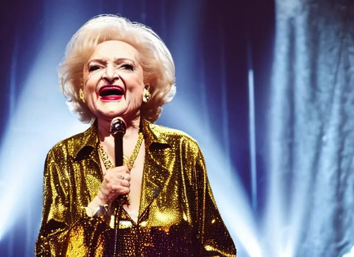 Image similar to publicity photo still of betty white as a gangsta rapper covered in gold chains, with grills in teeth and wearing a jumpsuit live on stage, 8 k, live concert lighting, mid shot