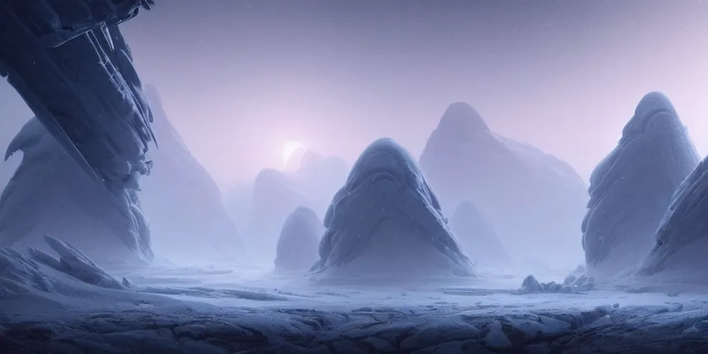 Prompt: strange surface of icy alien planet at dawn, misty, ultra high definition, ultra detailed, symmetry, sci - fi, by greg rutkowski and ross tran