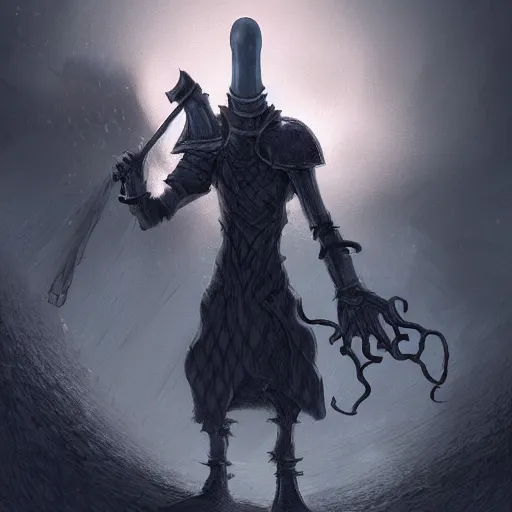 Prompt: squidward as a dark souls boss by tooth wu