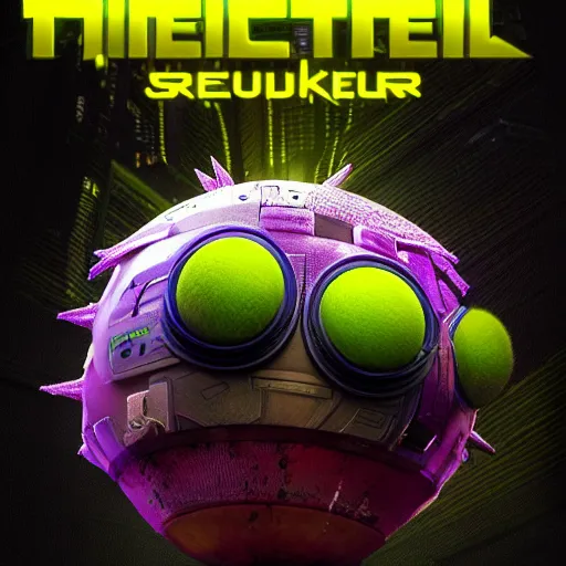 Image similar to high quality 3 d render cyberpunk very tennis ball monster highly detailed, unreal engine cinematic smooth, in the style of blade runner & detective pikachu, hannah yata charlie immer, purple light, low angle, uhd 8 k, sharp focus