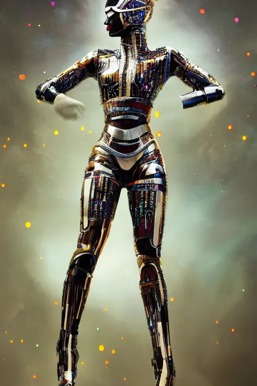 Prompt: full body portrait of the African Android Queen, by DC comics and Sandra Chevrier and beeple, artstation, volumetric lighting, hyperrealism, futuristic royalty, strong and muscular, award winning costume design, cybernetic cyborg, fashion show runway, futuristic fine textures, woven with electricity, high fashion superpowers, wakanda, 4k UHD, 35mm