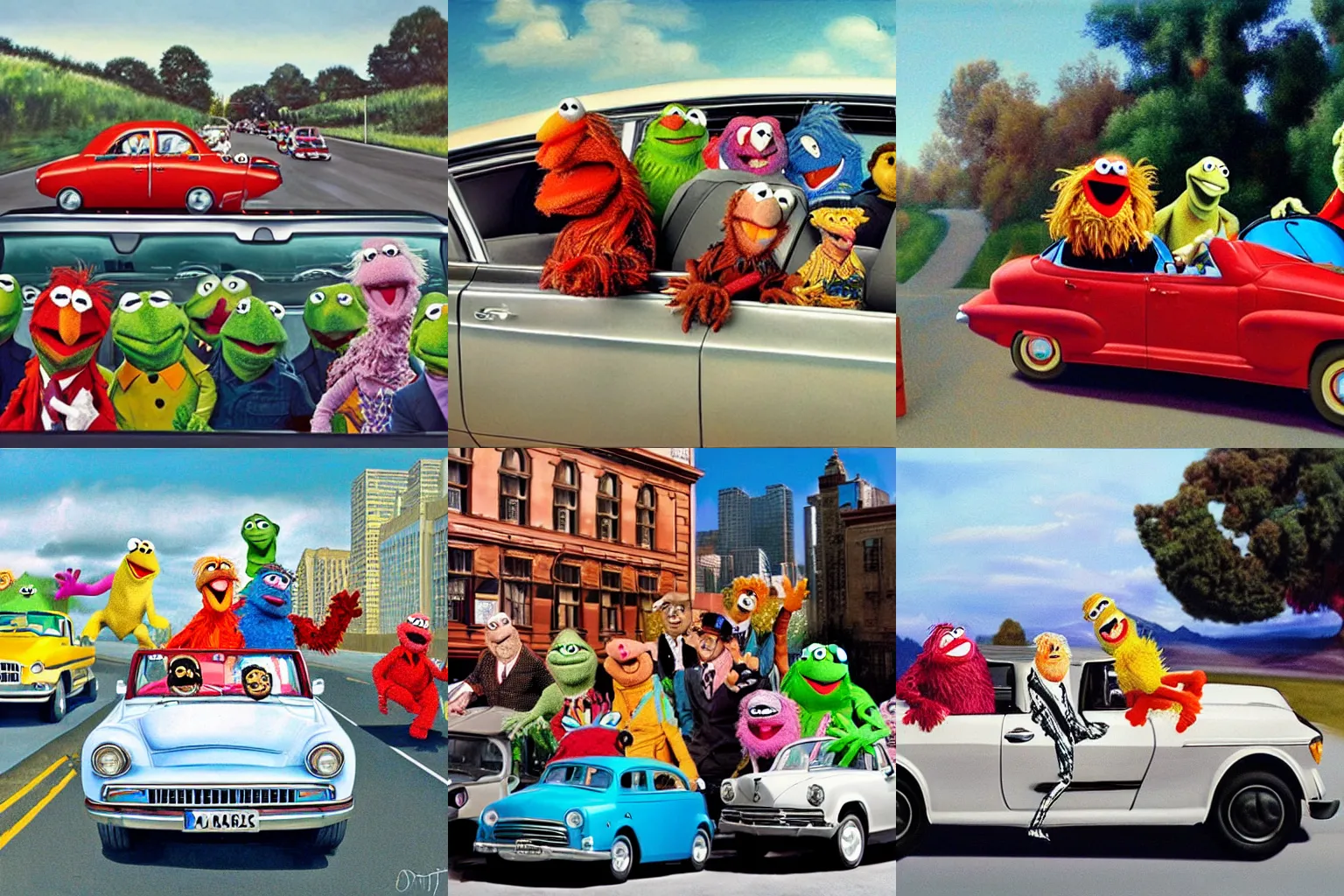 Prompt: A car full of Muppets doing a drive-by. Hyperrealist, surrealistic