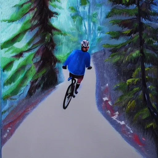 Image similar to man biking up a steep forest hill with a deep blue sweater. sweaty. Oil painting. Emotional. Steep. Trees.