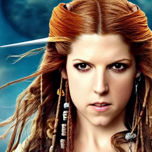 Image similar to still of Anna Kendrick as Captain Sparrow in Pirates of the Caribbean remake 2029