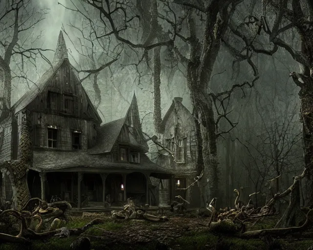 Image similar to the scariest witches house with giant snakes on the roof, in the scariest dark forest, epic scene, dark, scary, horror, frightening, fantasy, cinematic, redshift render, cgi, hyper - detailed, photo - bash, 8 k post - production, masterpiece, in the style of greg rutkowski