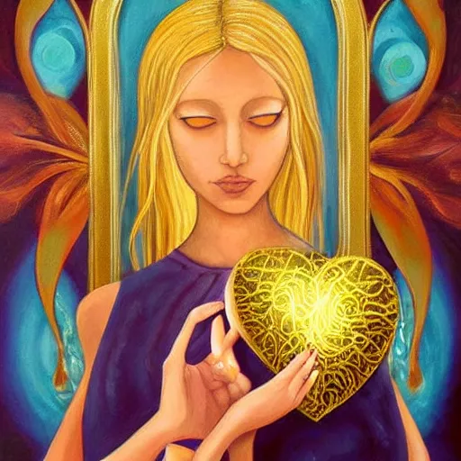 Prompt: a painting of a woman holding a glowing golden heart in the water, an acrylic on canvas painting by amanda sage and magali villenueve, louvre contest winner, gold foil, metaphysical painting, wiccan, mystical, tarot card art