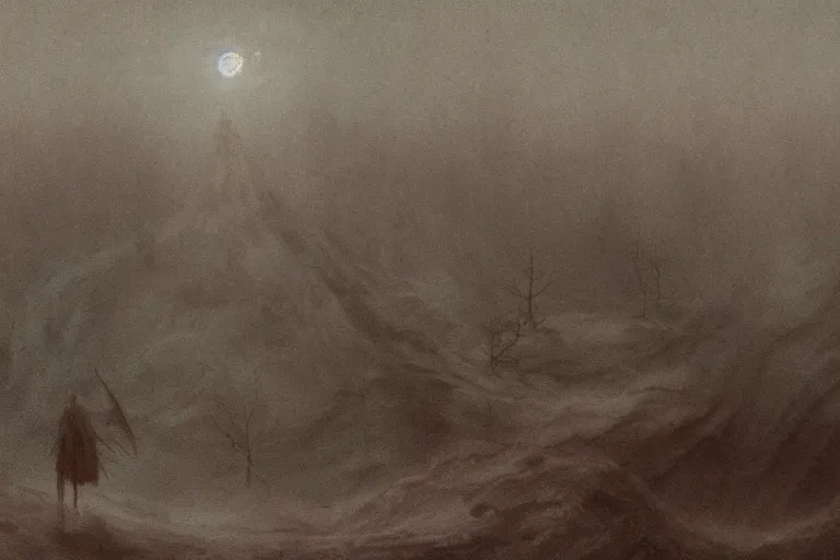 Prompt: Nightmares in the gray desert of ashes | by Beksiński and Studio Ghibli | digital painting | trending on artstation | UHD 8k CryEngine