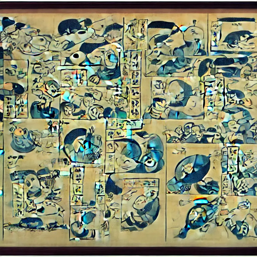 Image similar to business dashboard with time series charts, pie plots and other modern graphics, with small creatures with many eyes. diego rivera ( with slight ukiyo - e influence ). ravi supa.