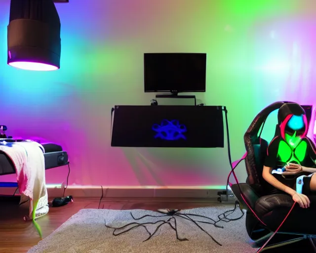 Prompt: an alien spider hybrid in bodysuit playing computer games in a streamer bedroom, sitting in gaming chair, wearing gaming headset, rgb wall light
