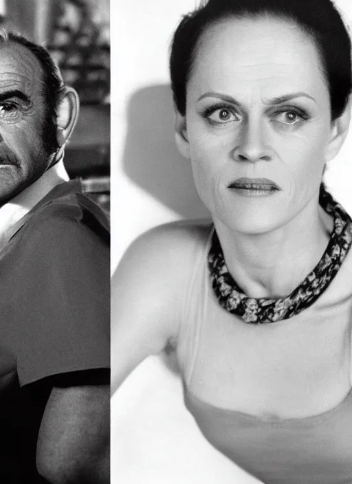 Image similar to genetic combination of sean connery and sigourney weaver, face and shoulders focus