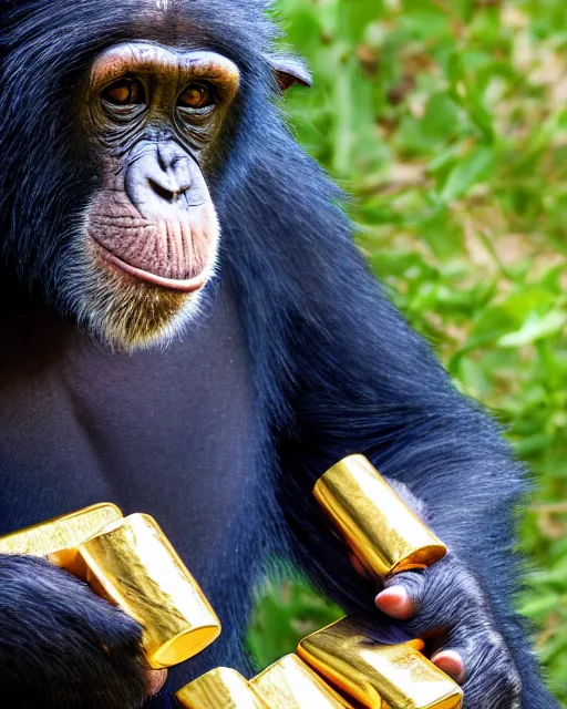 Image similar to gold, blue, photo of a chimpanzee solving a puzzle, blue hat, big cigarre in mouth, 8 k, 8 5 mm f 1. 8