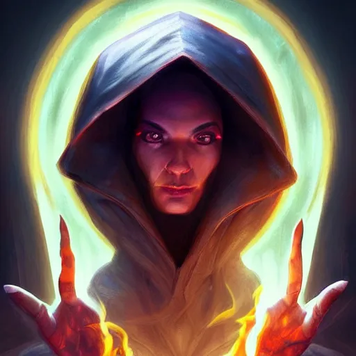 Prompt: a stunning portrait of a dnd human wizard, forming a burning hand spell, digital art 4 k trending on artstation
