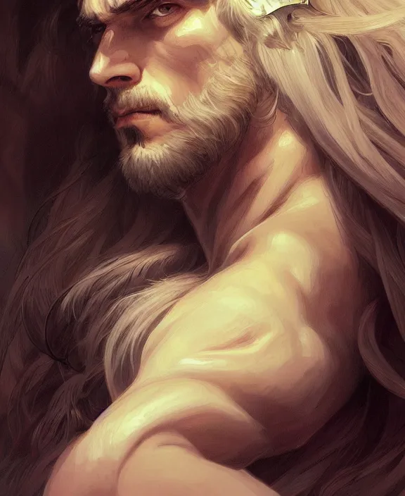 Image similar to portrait close up of guy, concentrated look, symmetry, long hair. d & d, fantasy, intricate, elegant, highly detailed, digital painting, artstation, concept art, art by artgerm and greg rutkowski and alphonse mucha, boris vallejo