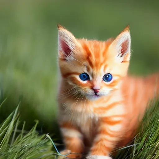 Prompt: cute fluffy orange tabby kitten, grass, perfect eyes