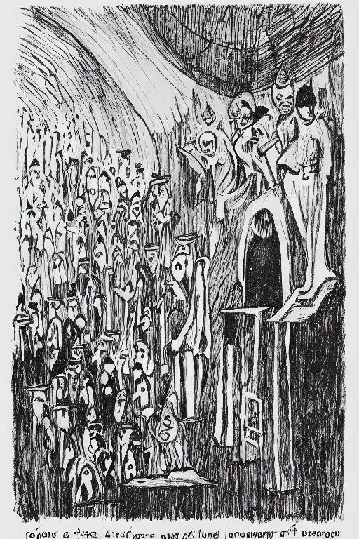 Prompt: Artwork by Tove Jansson of the cinematic view of the Cenotaph of Ever-changing Blasphemy.