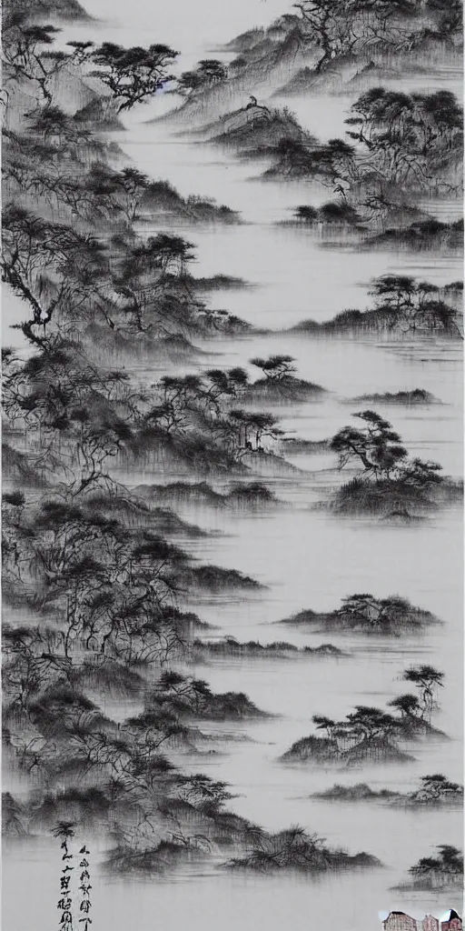 Prompt: Environmental shot, Beautiful!!!!! chinese ink-wash painting of a river!!!, beautiful brush strokes, red ink, birds flying , shui mo hua, highly intricate