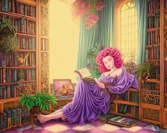 Image similar to a detailed fantasy pastel of a woman wizard in ornate clothing lounging on a purpur pillow on the marble floor in front of her bookcase in a room, reading an ancient tome. to the side is a potted plant, moody light. ancient retrofuturistic setting. 4 k key art. raytracing, perspective, by chie yoshii and casey weldon