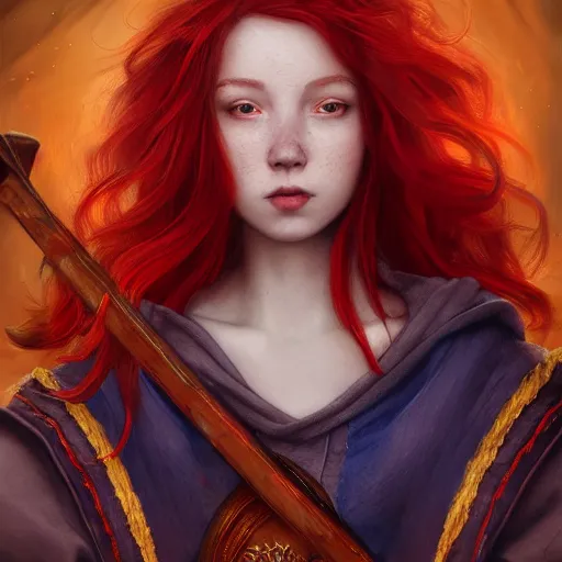 Prompt: red haired teen with a lute and cloak with many pockets with blue flames in background, dramatic, intricate, elegant, highly detailed, digital painting, artstation, concept art, smooth, sharp focus, illustration, octane render, art by Leesha Hannigan, Ross Tran, Thierry Doizon, Kai Carpenter, Ignacio Fernández Ríos