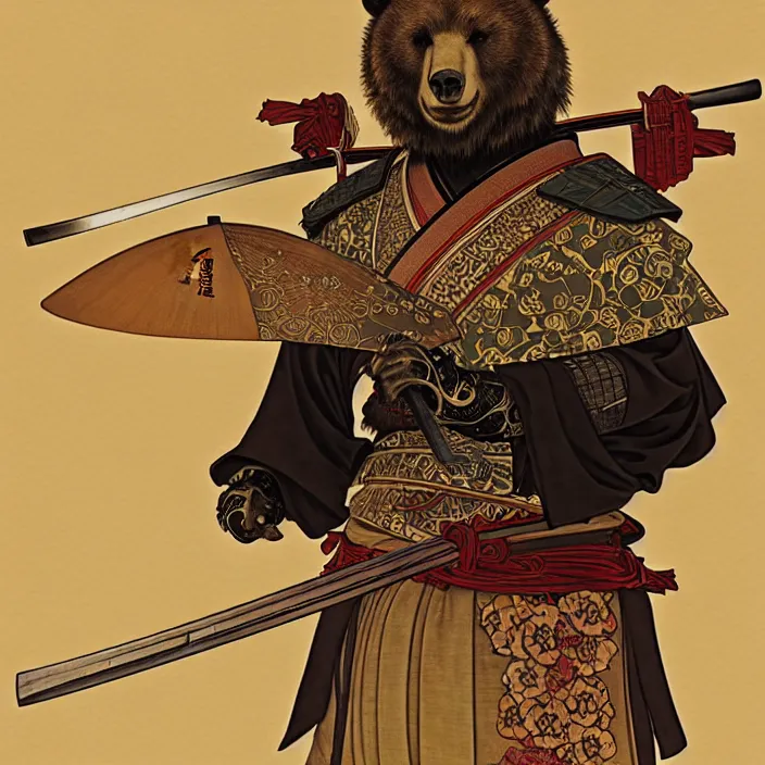 Image similar to anthropomorphic samurai bear, fantasy, intricate, highly detailed, lifelike, photorealistic, digital painting, artstation, illustration, concept art, smooth, sharp focus, art by alphonse mucha and kitagawa utamaro and ogata korin and aya takano