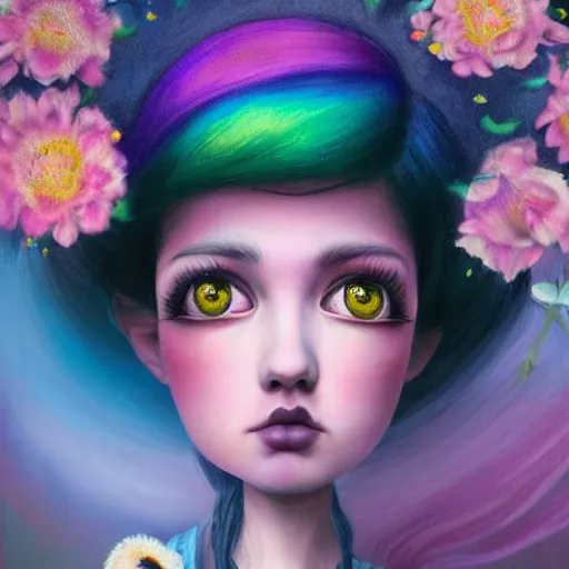 Prompt: an intelligent young women looking at the camera, she has rainbow hair and a beautiful unconventional face, there is an explosion of flowers in the background, elegant, highly detailed, digital painting, artstation, realism, concept art, pop, smooth, mythological, sharp focus, qualia, illustration, art by mark ryden 3 d 8 k ultra detailed