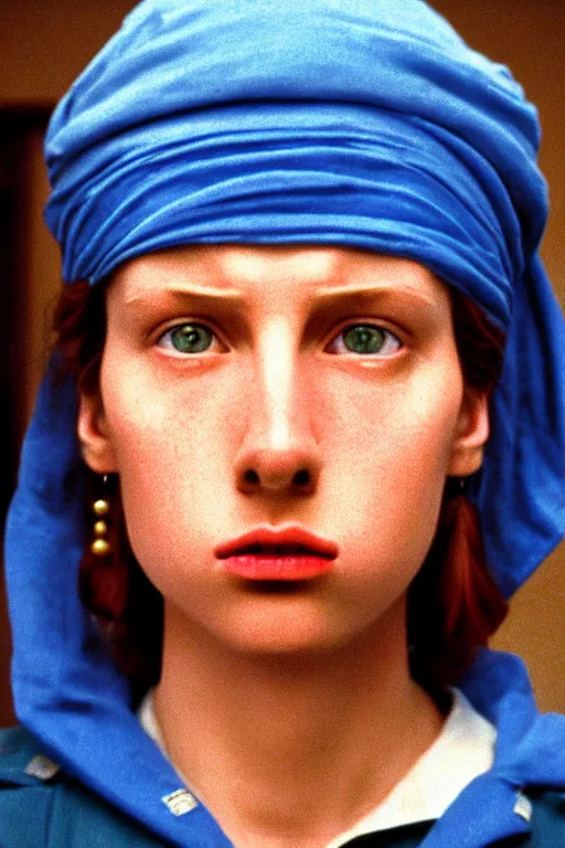 Image similar to beautiful wes anderson movie 3 5 mm film still, only one head single portrait team fortress 2 scout the girl with the pearl earring as the team fortress 2 scout team fortress 2 scout team fortress 2 scout scout team fortress 2 scout, absurdly beautiful, elegant, photographic ultrafine hyperrealistic detailed face wes anderson color, vintage, retro,