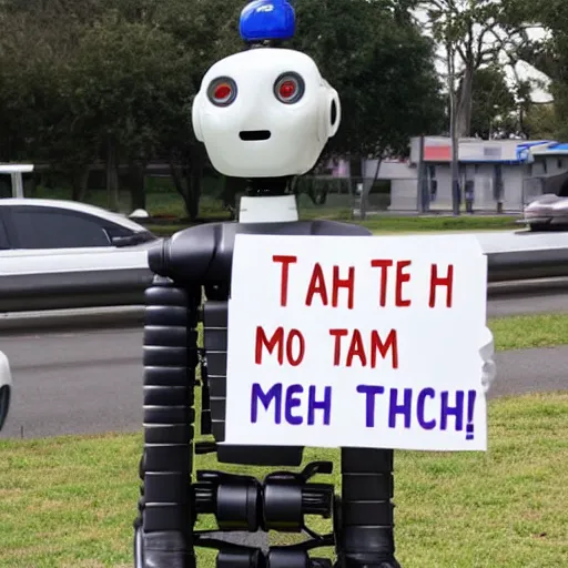 Image similar to a robot holding a sign saying teach me to spell