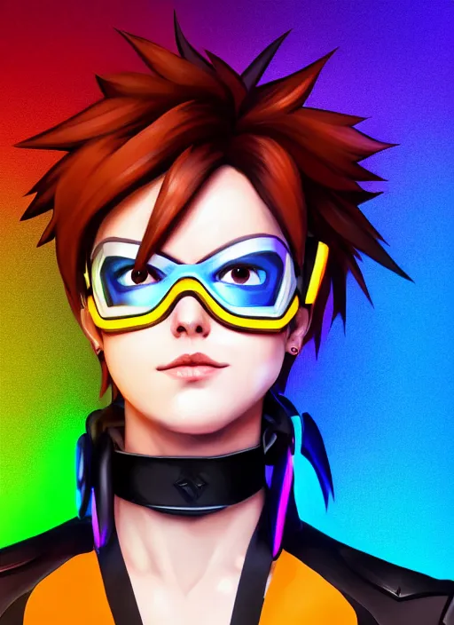 Image similar to full body overwatch style oil painting portrait of tracer overwatch, confident pose, wearing black iridescent rainbow latex, rainbow, neon, 4 k, expressive surprised expression, makeup, wearing black choker, studio lighting, black leather harness, expressive detailed face and eyes,