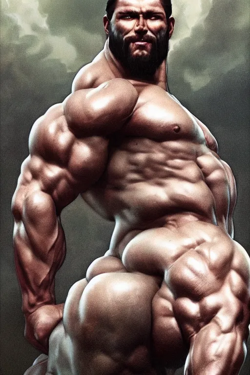 Image similar to upper body portrait of a hulking bulky swole steroids musclebound huge bodybuilder muscular herculean chiseled jesus christ, cinematic lighting, photorealistic, octane render, 8 k, depth of field, 3 d, art by artgerm and greg rutkowski and alphonse mucha and uang guangjian and gil elvgren and sachin ten