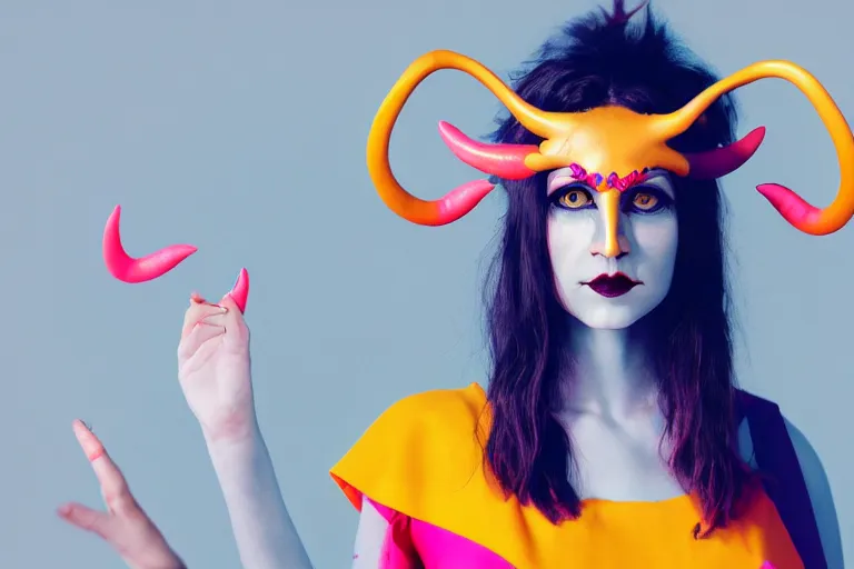 Prompt: pretty demon girl with horns photograph in the style of clemens ascher, colorful, realistic, 8 k