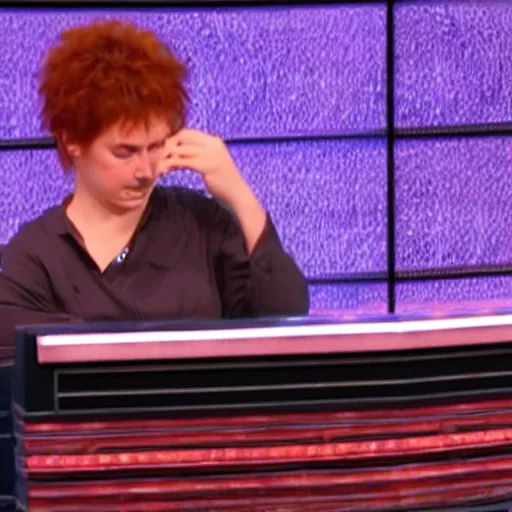 Image similar to calico cat is a contestant on the game show jeopardy and is ashamed of its low score