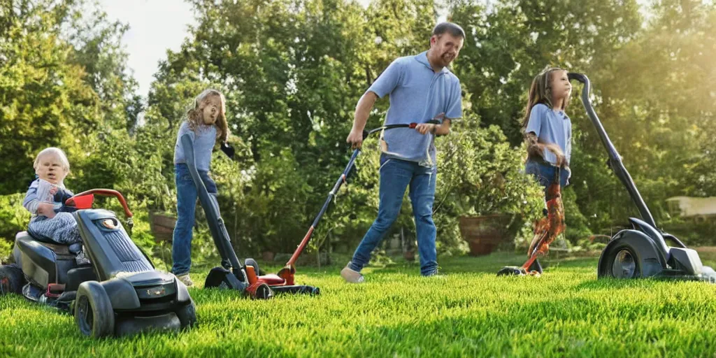 Image similar to a two shot of a cute long haired toddler pushing her plastic lawn mower as she follows directly behind her father, who is mowing his lawn while sitting on a riding lawnmower, golden hour