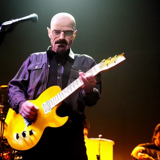 Image similar to Walter white as a rock band member performing live, Stage Photography