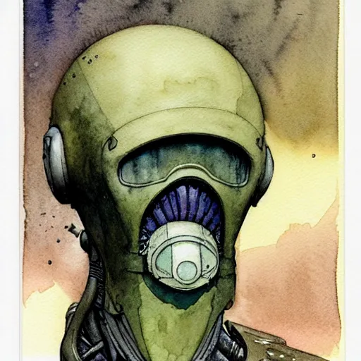 Prompt: a simple and atmospheric watercolour portrait of a pulp sci - fi alien soldier, very muted colors, by rebecca guay, michael kaluta, charles vess and jean moebius giraud