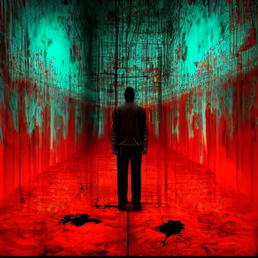 Prompt: a dark mind in a nightmare is aware of betrayal sadness and despondency of a schizophrenic in a red hyper mirror room 8K resolution