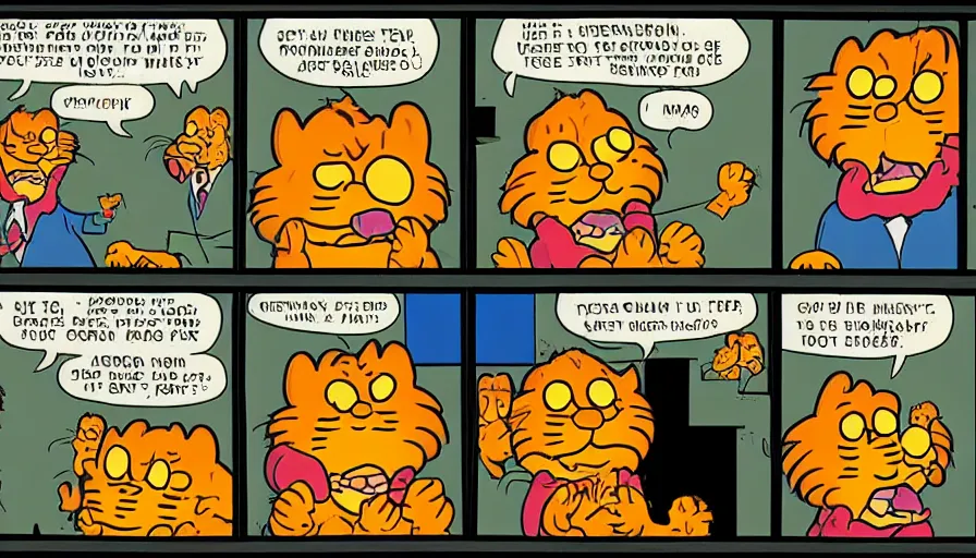 Image similar to 3 panel garfield comic by jim davis depicting charles manson slipping on a banana peel