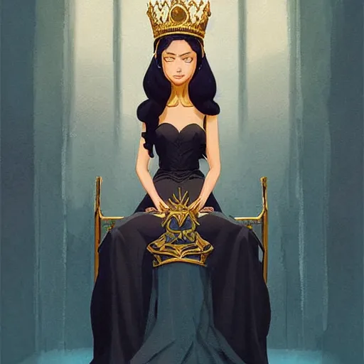Prompt: stylized minimalist a beautiful black haired woman with pale skin and a crown on her head sitted on an intricate metal throne, loftis, cory behance hd by jesper ejsing, by rhads, makoto shinkai and lois van baarle, ilya kuvshinov, rossdraws global illumination,