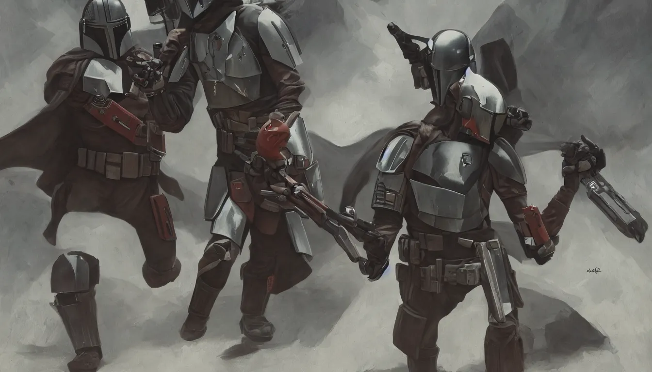 Image similar to lone mandalorian in action, in style of grzegorz rosinski