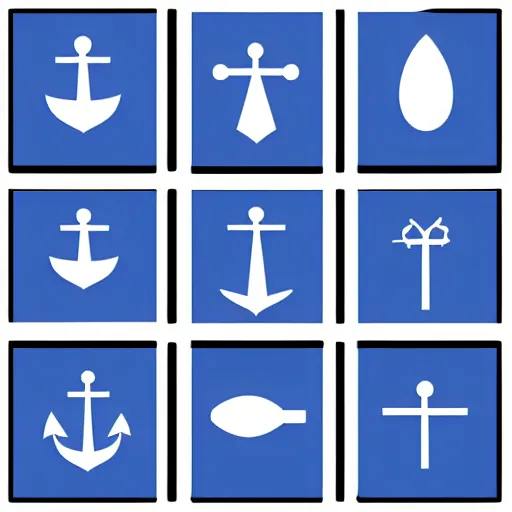 Prompt: grid set of marine icons : anchors, sailboat, ropes etc. blue icons on white background. vector graphic. svg