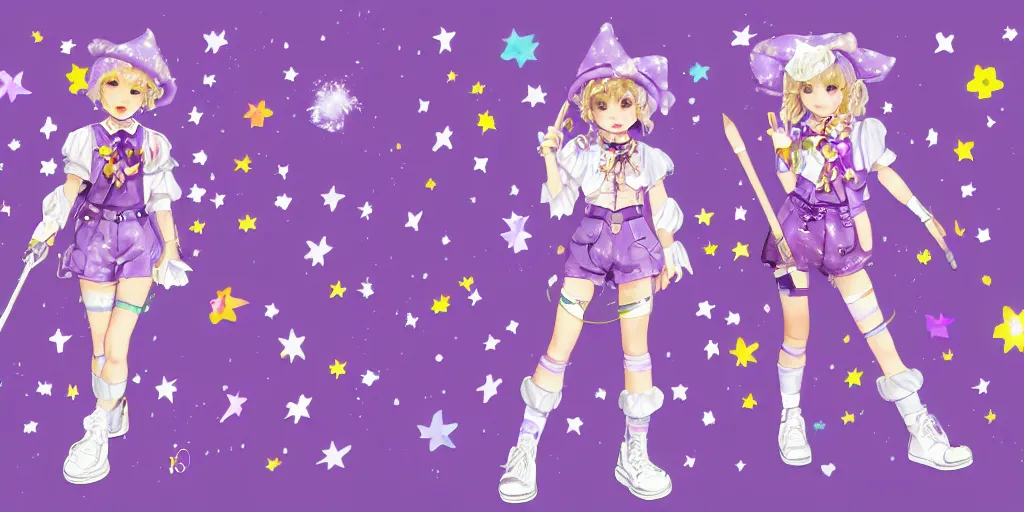 Prompt: A character sheet of a magical girl holding a paintbrush with short blond hair and freckles wearing an oversized purple Beret, Purple overall shorts, jester shoes, and white leggings covered in stars. Rainbow accents on outfit. Concept Art painting. By ZaZa. By WLOP. Decora. harajuku fashion