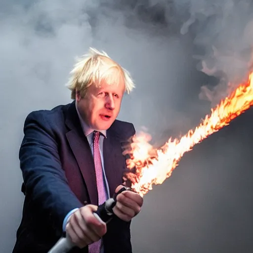 Image similar to Boris Johnson Weilding A flamethrower, firing it into a building, medium shot photo 8k ultrahd