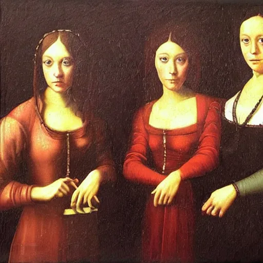 Image similar to Renaissance oil painting of a group of creepy young ladies