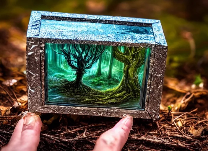 Image similar to photo of a crystal box with wonders inside in the forest. Fantasy horror style. Highly detailed 8k. Intricate. Nikon d850 55mm. Award winning photography.