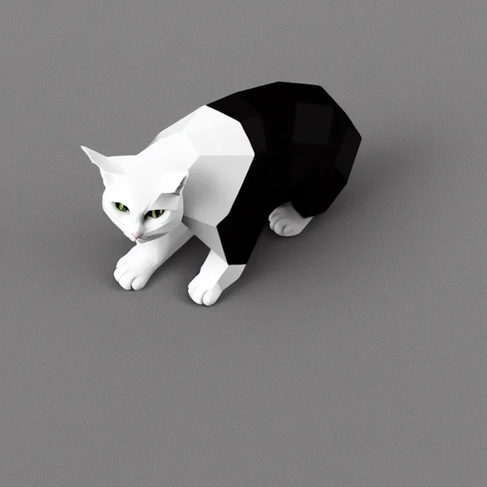 Image similar to low polygon, 3 d render, black and white cat, isometric view, pure white background, high definition