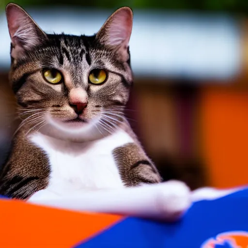 Prompt: cat sitting over a podium on stage addressing bjp karyakarta, ani, sony a 7 r