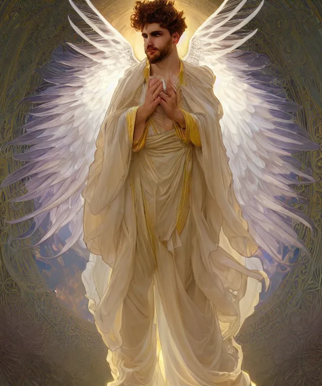 Image similar to fullbody portrait of a beautiful young fit male angel with curly blond hairs, full dressed in long fluent clothes, majestic symmetrical big dove wings, luminous halo, by greg rutkowski and alphonse mucha, gradient white to gold, in front of an iridescent background, highly detailed portrait, digital painting, artstation, concept art, smooth, sharp focus illustration