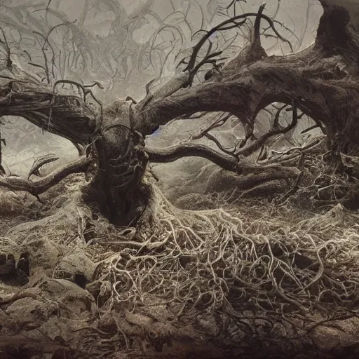 Image similar to shub niggurath. eldritch, film, 8 k, 3 d, concept art, dslr, filmic, hdr, hyperrealism, realistic, horror.