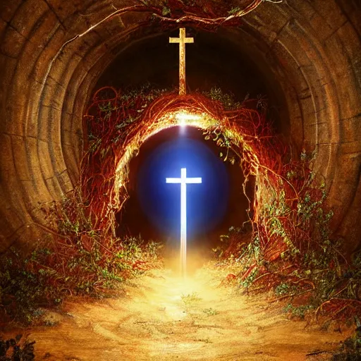 Image similar to a christian cross as the light at the end of the tunnel, with a few vines and overgrowth, concept art by Doug Chiang cinematic, realistic painting, high definition, digital art, symmetrical, very detailed, extremely high detail, photo realistic, concept art, unreal engine 5, bokeh, album cover