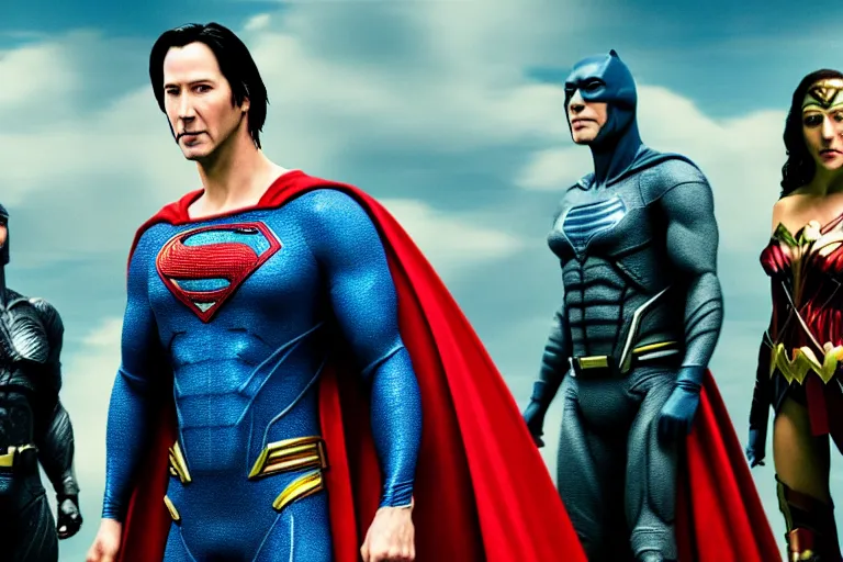 Prompt: film still of Keanu Reeves as Superman in Justice League movie, 4k